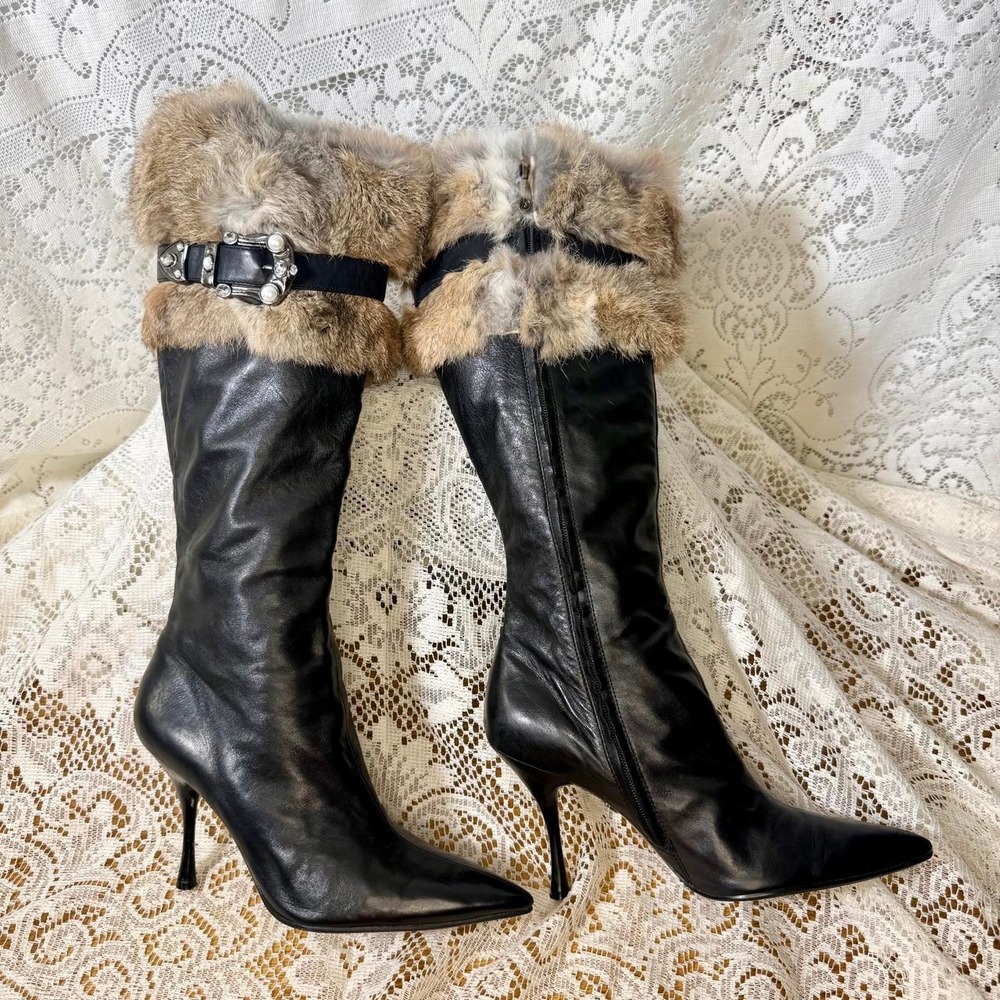 House of Derรฉon Y2K Fur Trim Leather Stiletto Boots Size 7.5